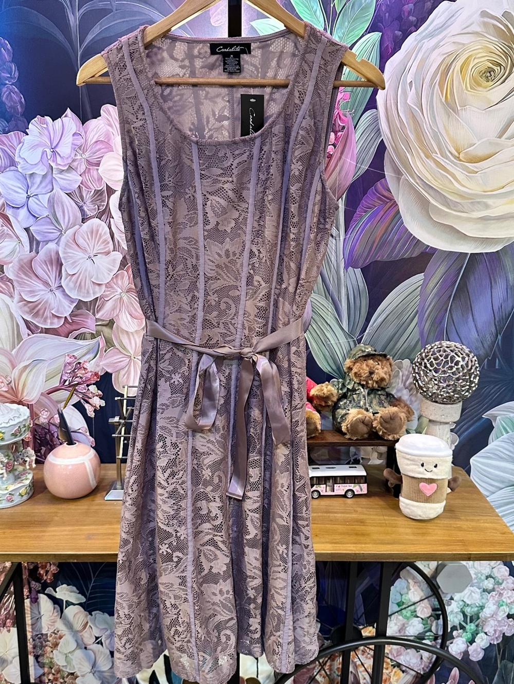 Candalite M Lace Midi Dress Romantic Cottagecore Boho Belted NWT Mauve Taupe